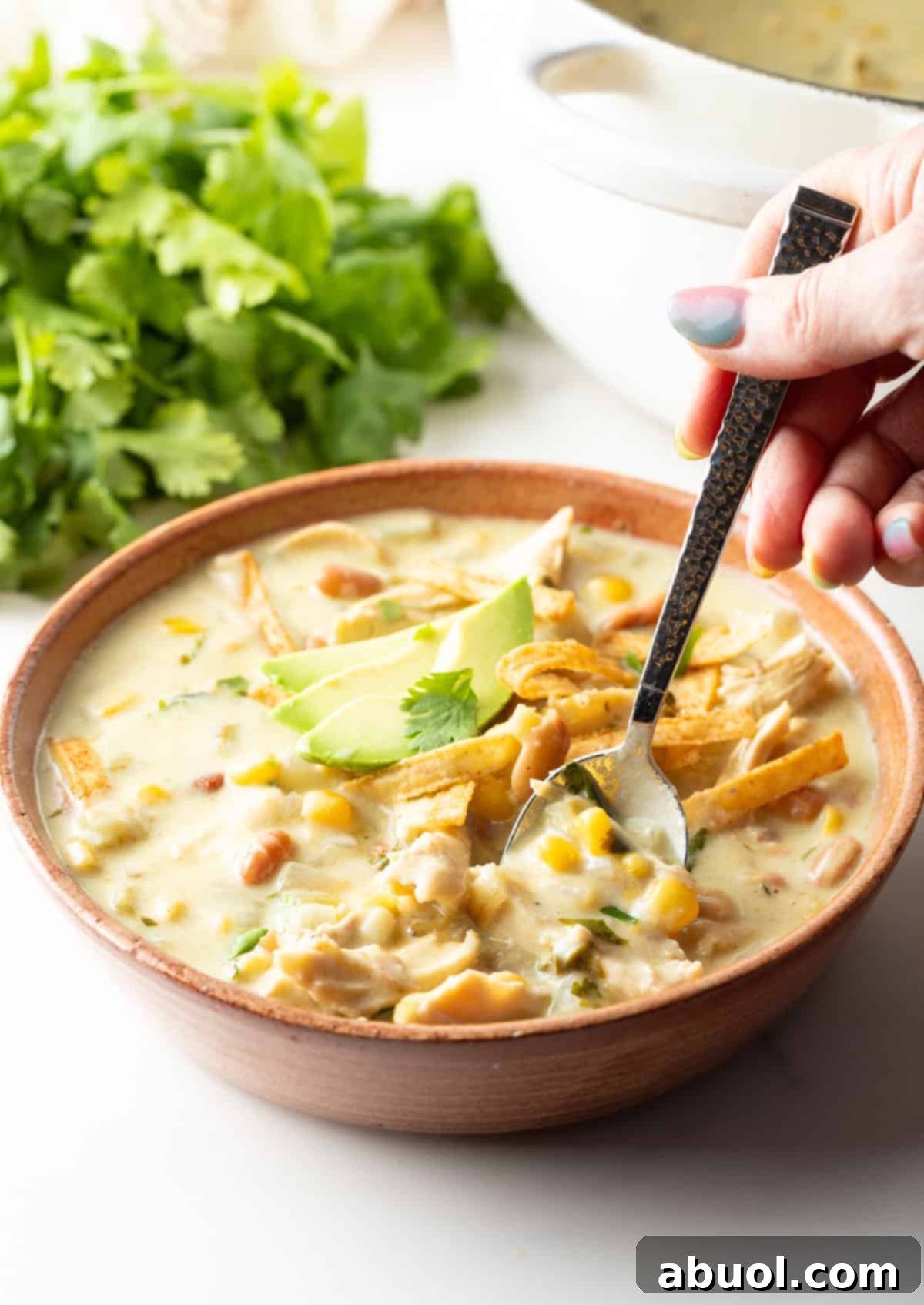 A hand using a spoon to scoop a generous serving of green enchilada chicken soup from a bowl.