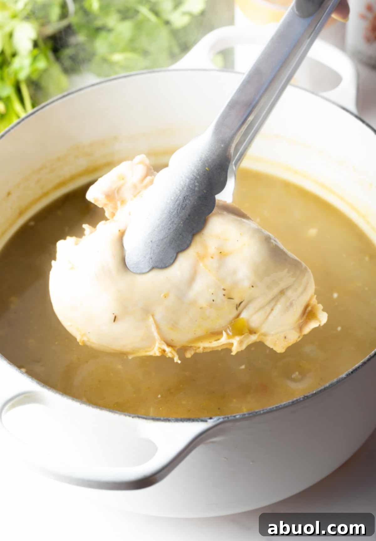 Tongs holding a perfectly cooked chicken breast over the steaming pot.