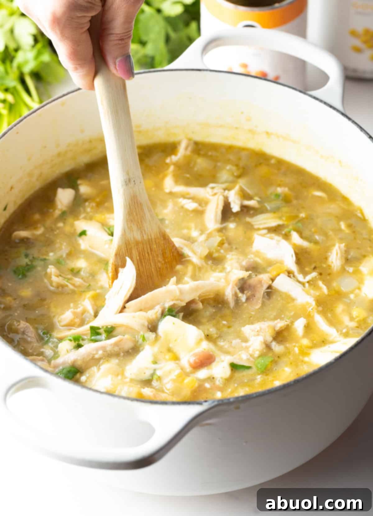 A hand using a large wooden spoon to stir shredded chicken into a large white pot of soup.