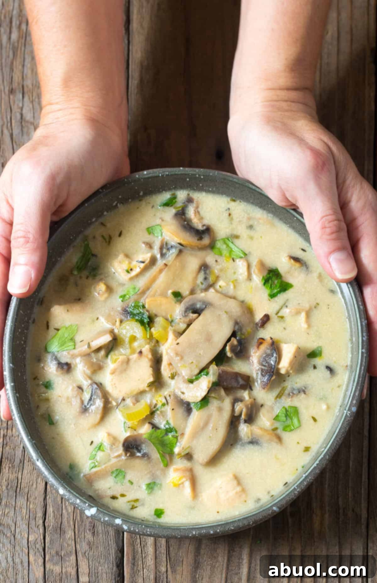 Creamy Chicken Mushroom Soup in a bowl, held by a hand. The soup looks rich and delicious, with visible chunks of chicken and mushrooms.