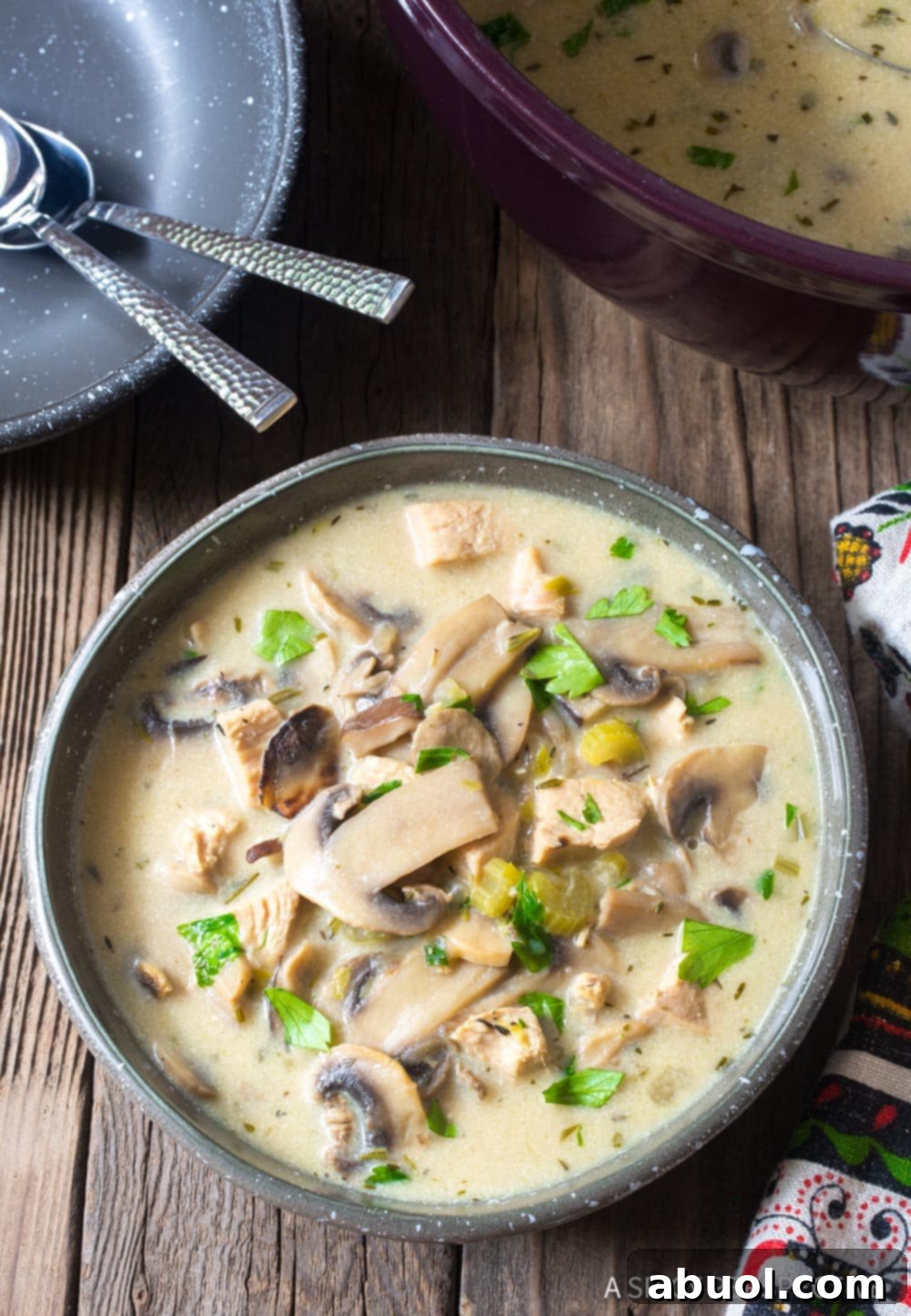 Top-down view of a bowl filled with chicken mushroom soup, garnished with fresh parsley.