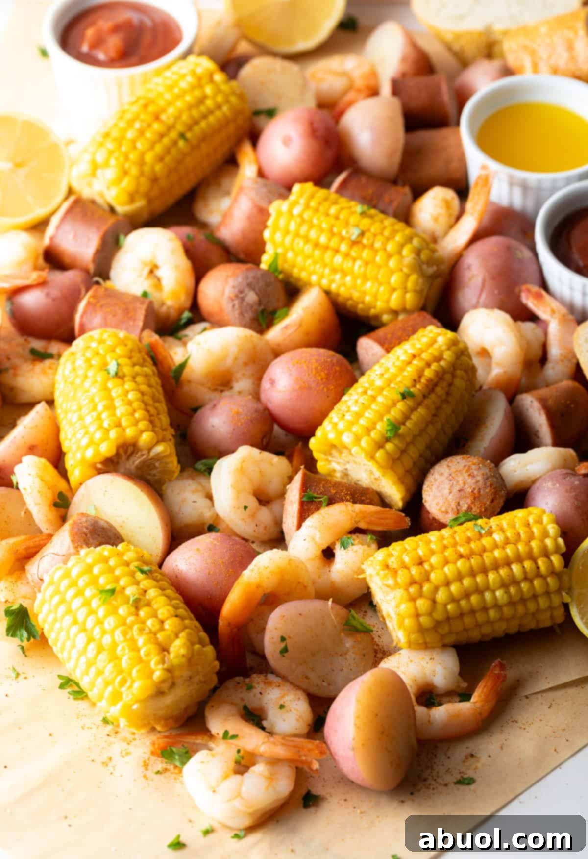 Overhead shot of a low country boil featuring shrimp, sausage, potatoes, and corn, with ramekins of dipping sauces on the side.