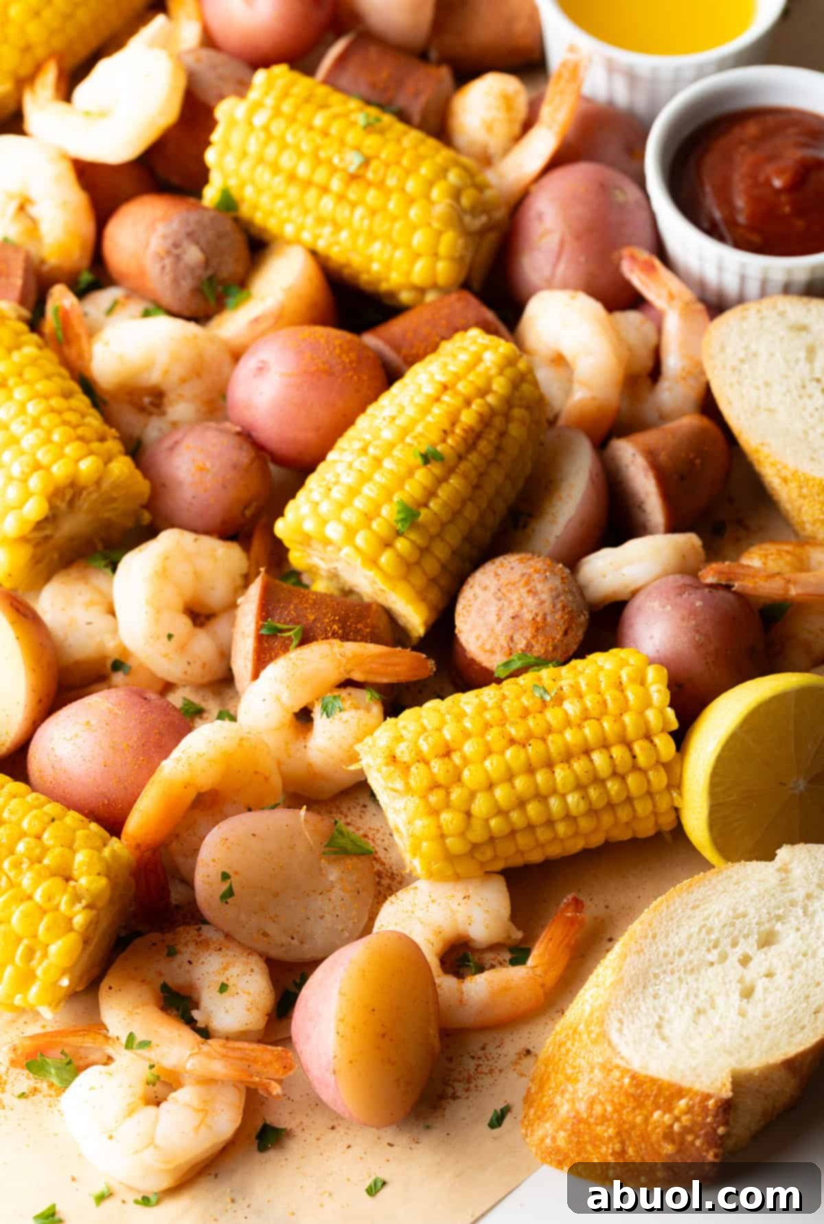 A platter full of boiled red potatoes, half pieces of corn on the cob, shrimp, and chunks of sausage, with slices of bread on the outside.