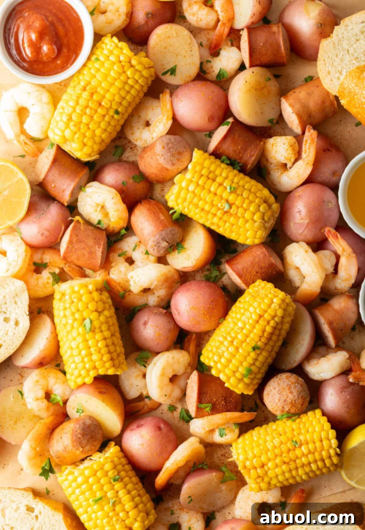 Overhead shot of shrimp, sausage, corn, and potatoes seasoned with Old Bay seasoning for low country boil.