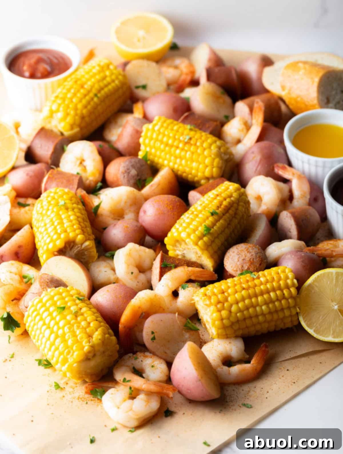 Fully cooked low country shrimp boil ingredients on brown parchment paper surrounded by lemon and sauces.