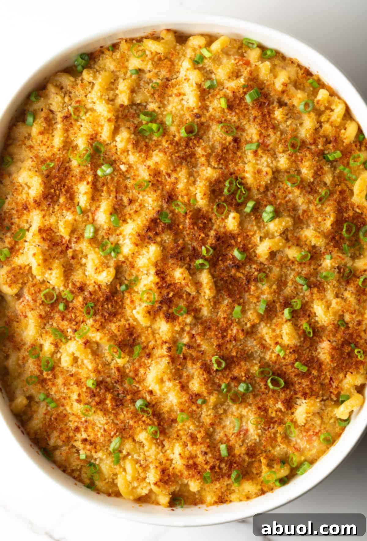 Overhead shot of Cajun mac and cheese with a crispy topping
