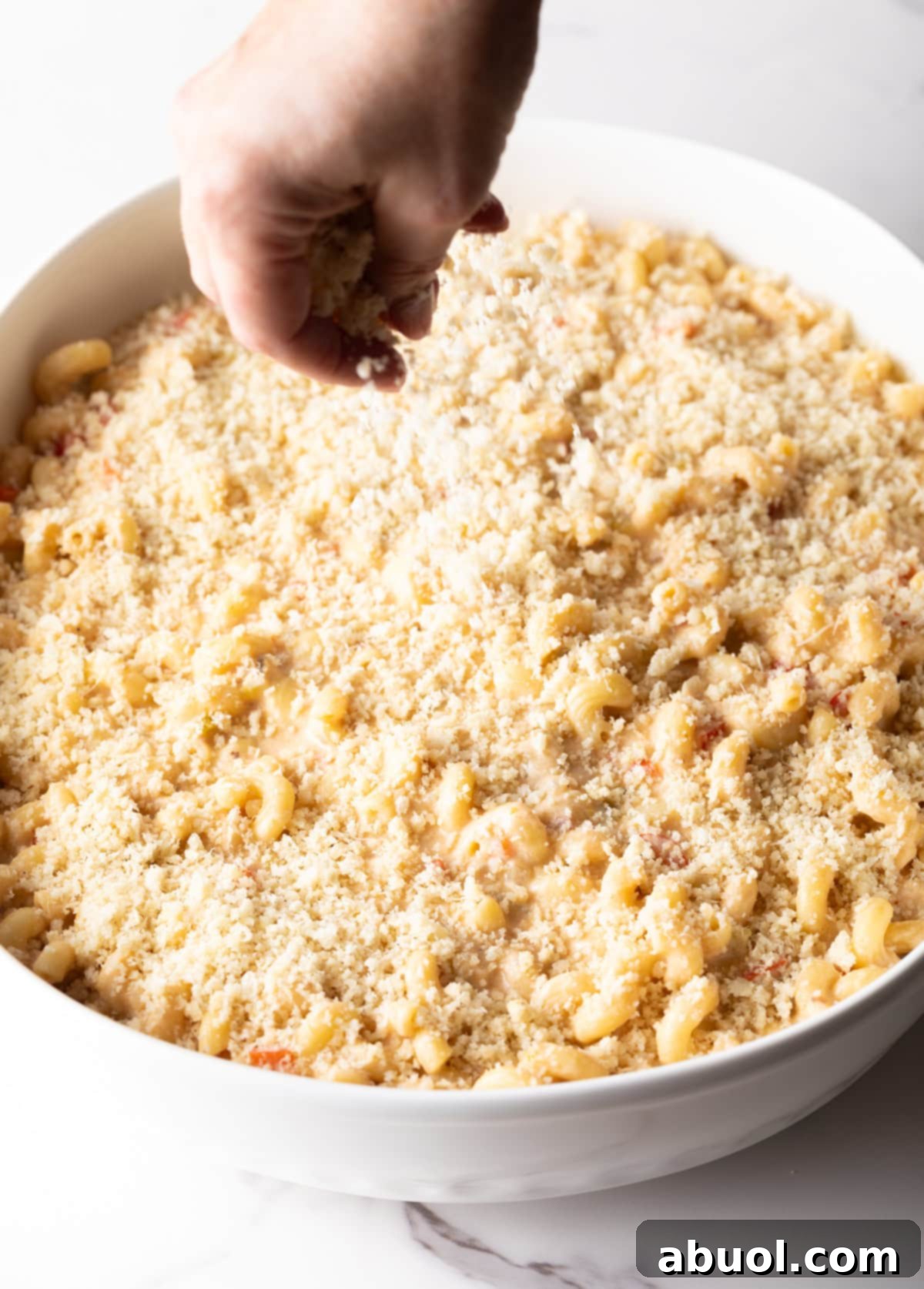 Breadcrumbs sprinkled over Cajun mac and cheese