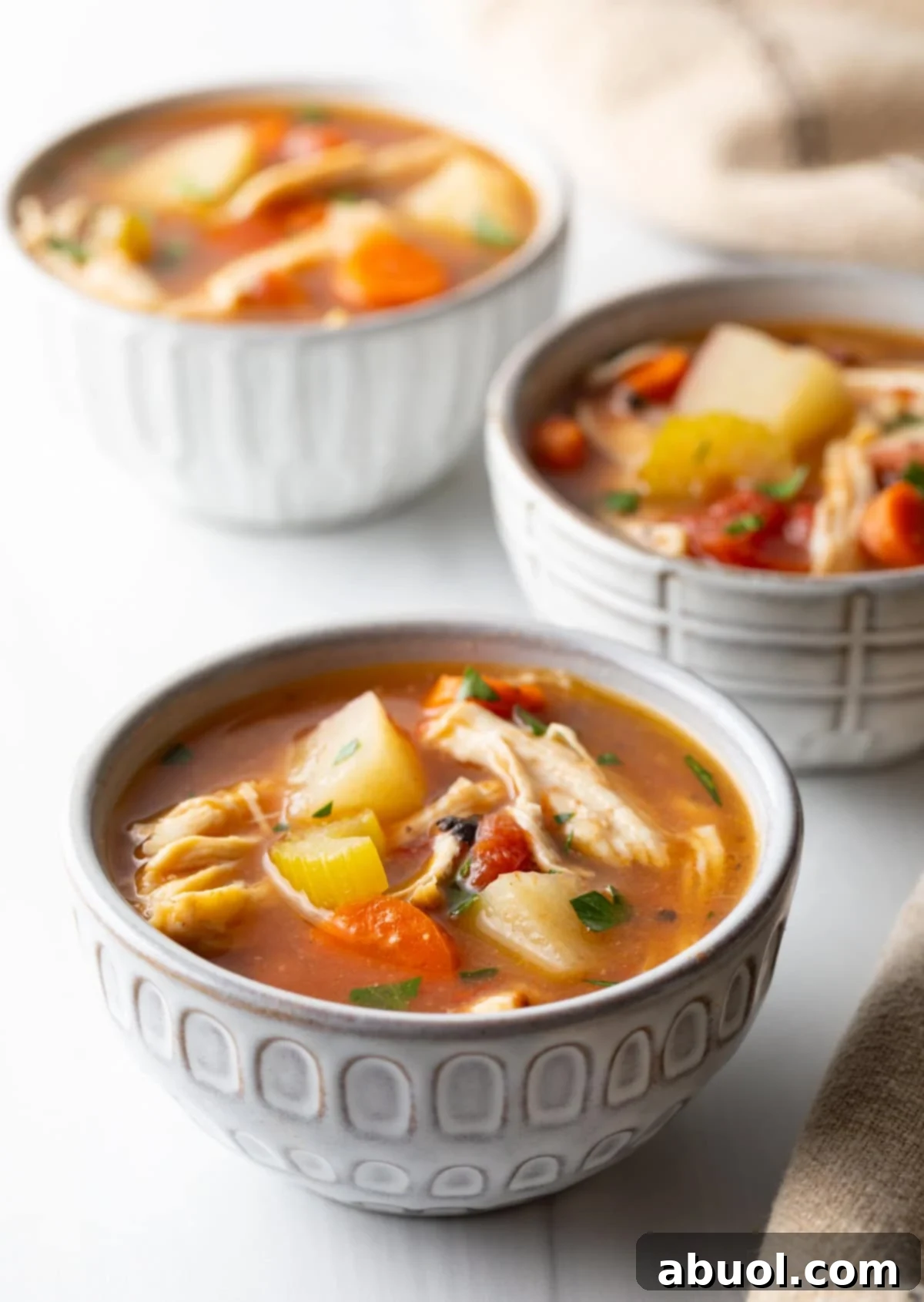 Savory Slow Cooker Chicken Stew 13 Three bowls of chicken stew with potatoes, carrots, and celery in a tomato broth.