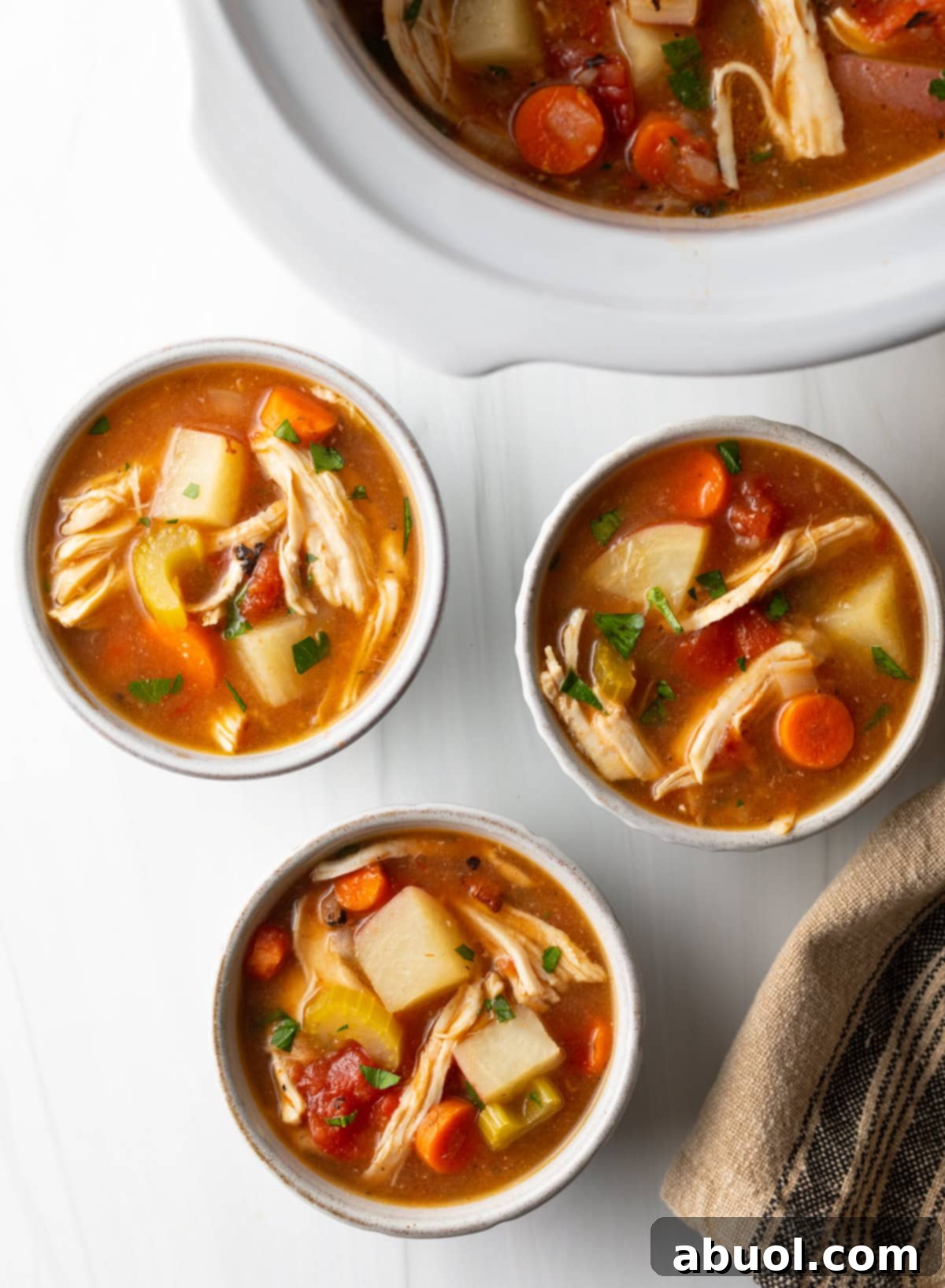 Savory Slow Cooker Chicken Stew 3 Overhead view of three bowls of chicken stew showcasing potatoes, carrots, and celery in tomato broth.