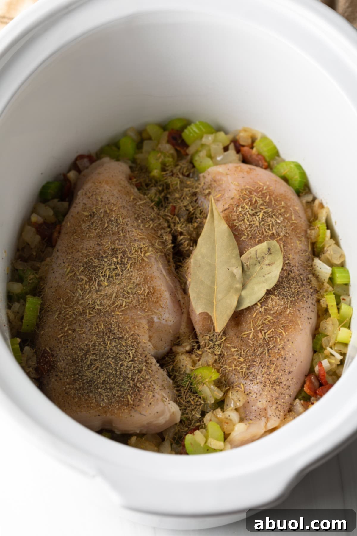 Savory Slow Cooker Chicken Stew 7 Two raw, seasoned chicken breasts in a white crock pot.