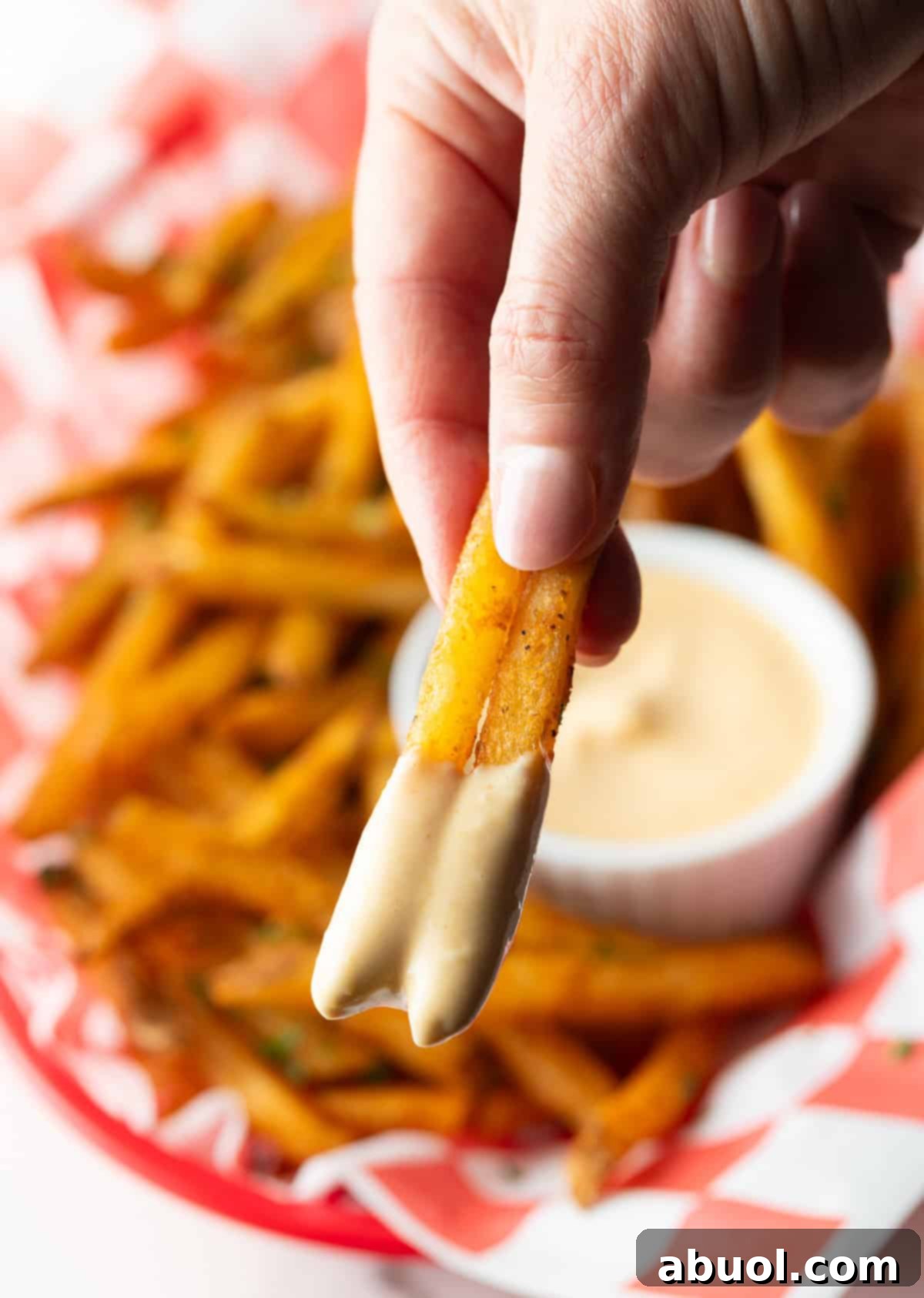 Close up of French fries dipped in sauce.