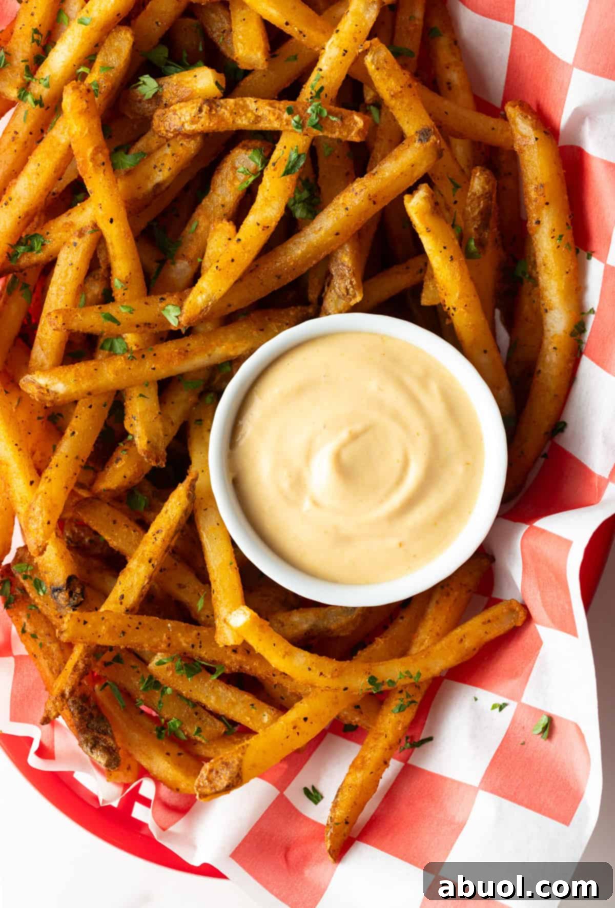 Overhead shot of fries and sauce.