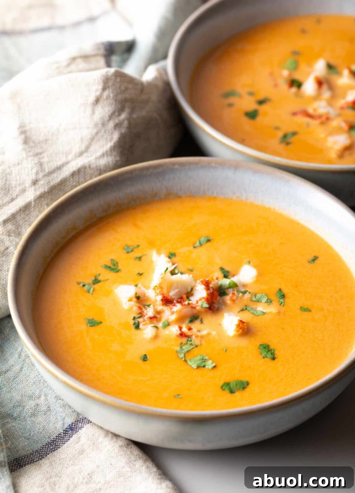 A bowl of creamy lobster bisque soup topped with lobster chunks and parsley.