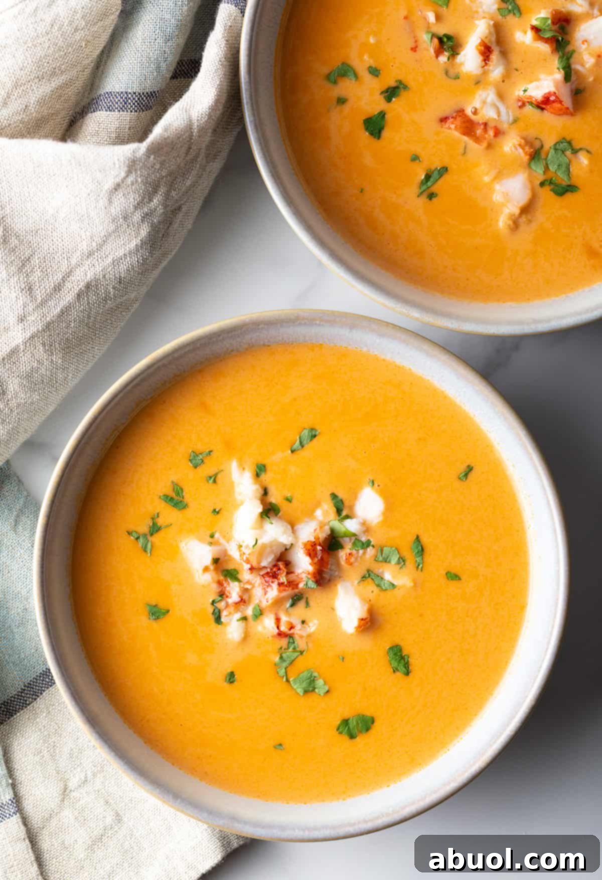 An overhead shot of 2 bowls of creamy lobster bisque recipe topped with lobster chunks and parsley.