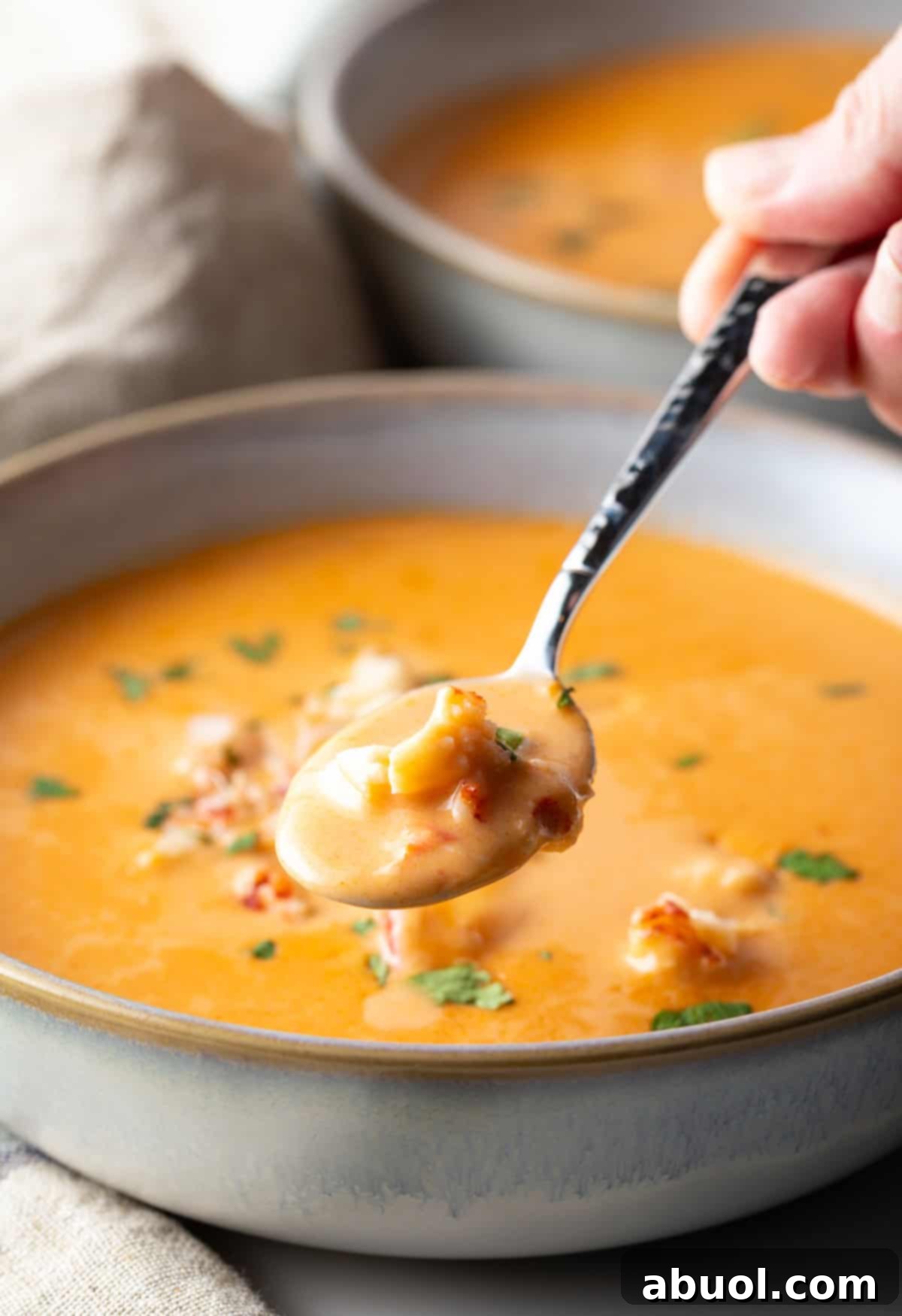A spoon with a bite of lobster bisque soup is hovering over a bowl full of the soup.