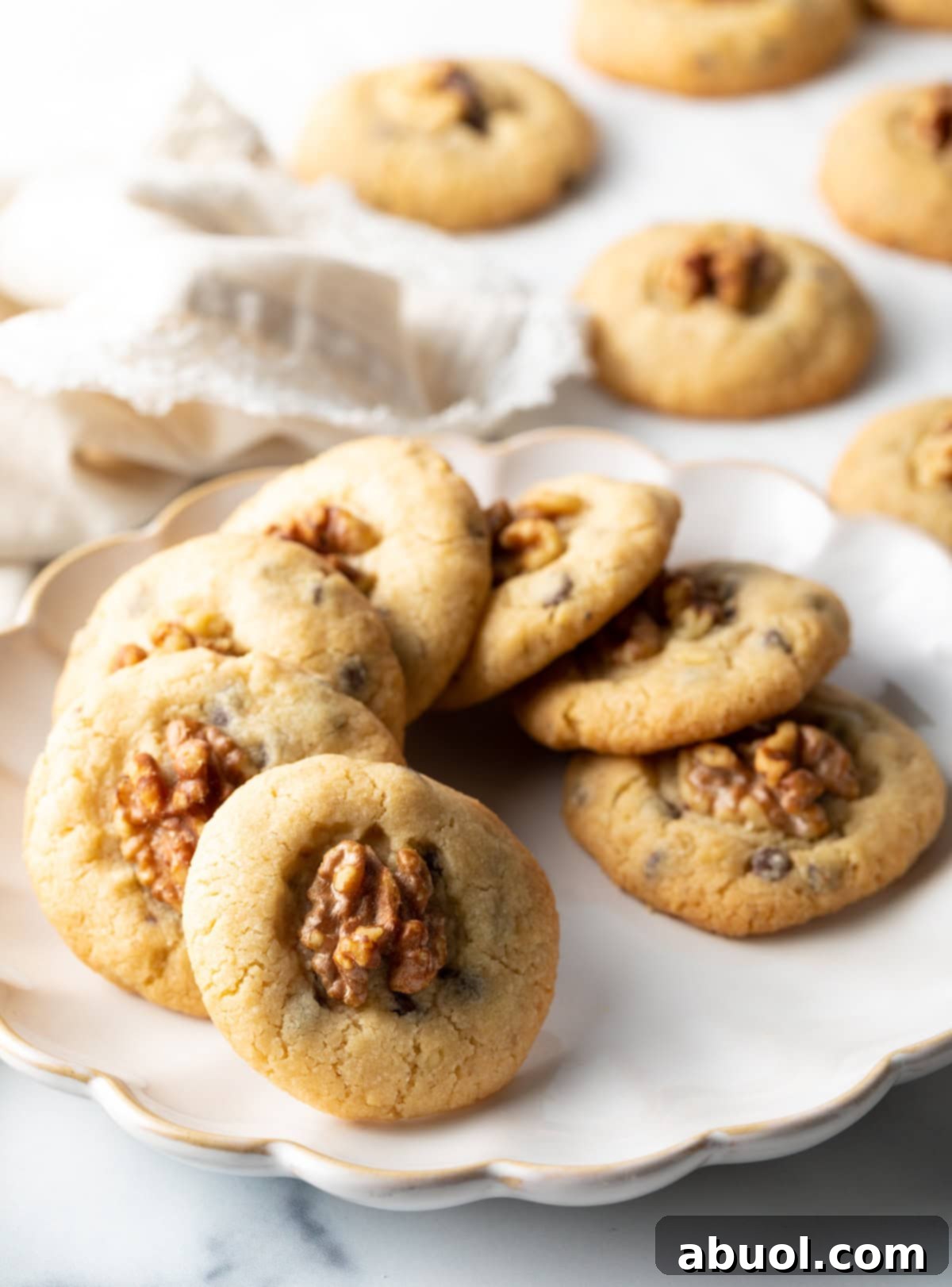 A circle of chocolate chip walnut cookies on a white plate.