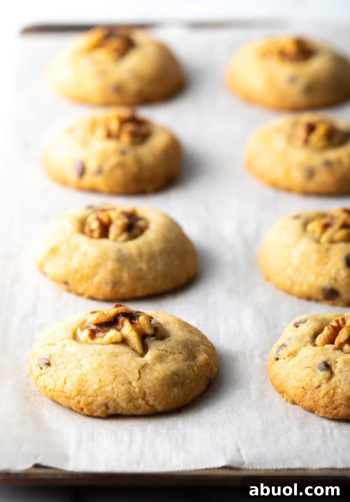 Freshly baked chocolate chip walnut cookies.