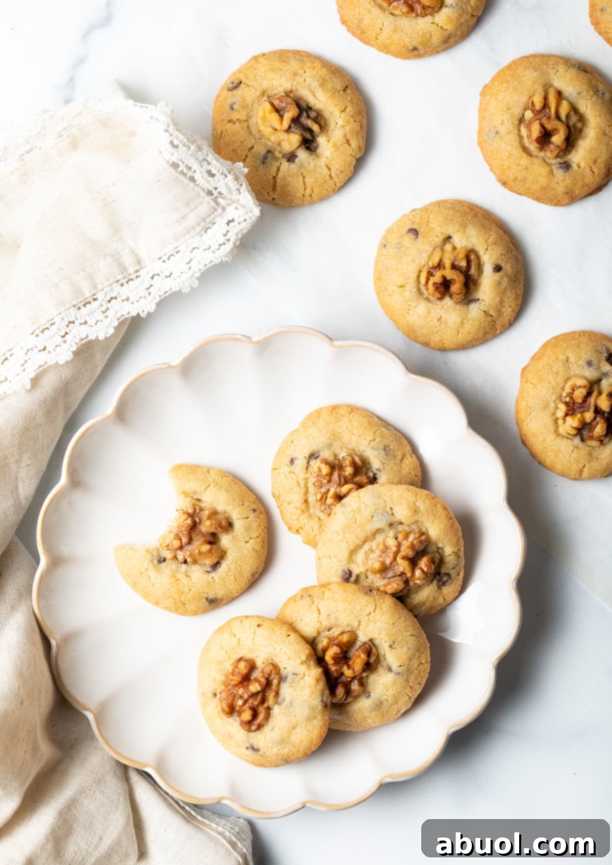 Chocolate chip walnut cookies from an overhead perspective.