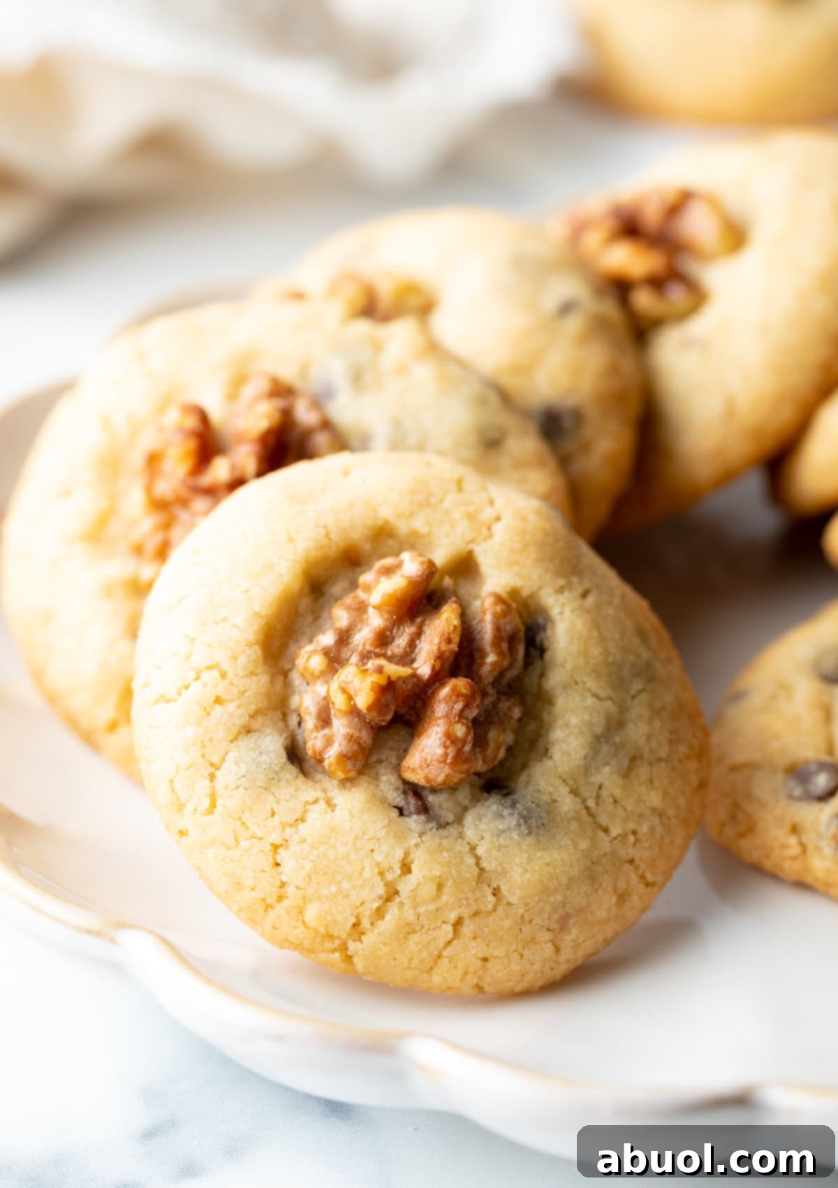 A close-up shot of a stack of chocolate chip walnut cookies.