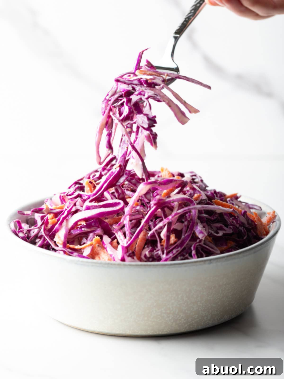 A close-up of red cabbage slaw on a fork, showcasing its vibrant colors and crunchy texture.