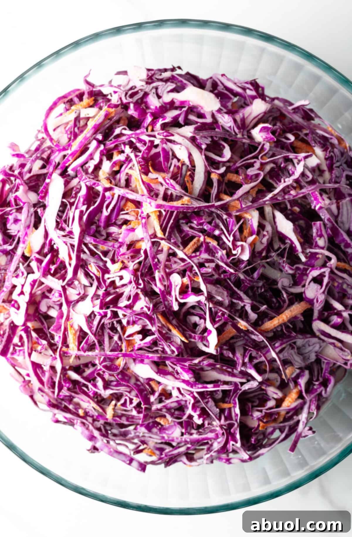 Overhead shot of the finished red cabbage slaw, ready to be served as a side dish.