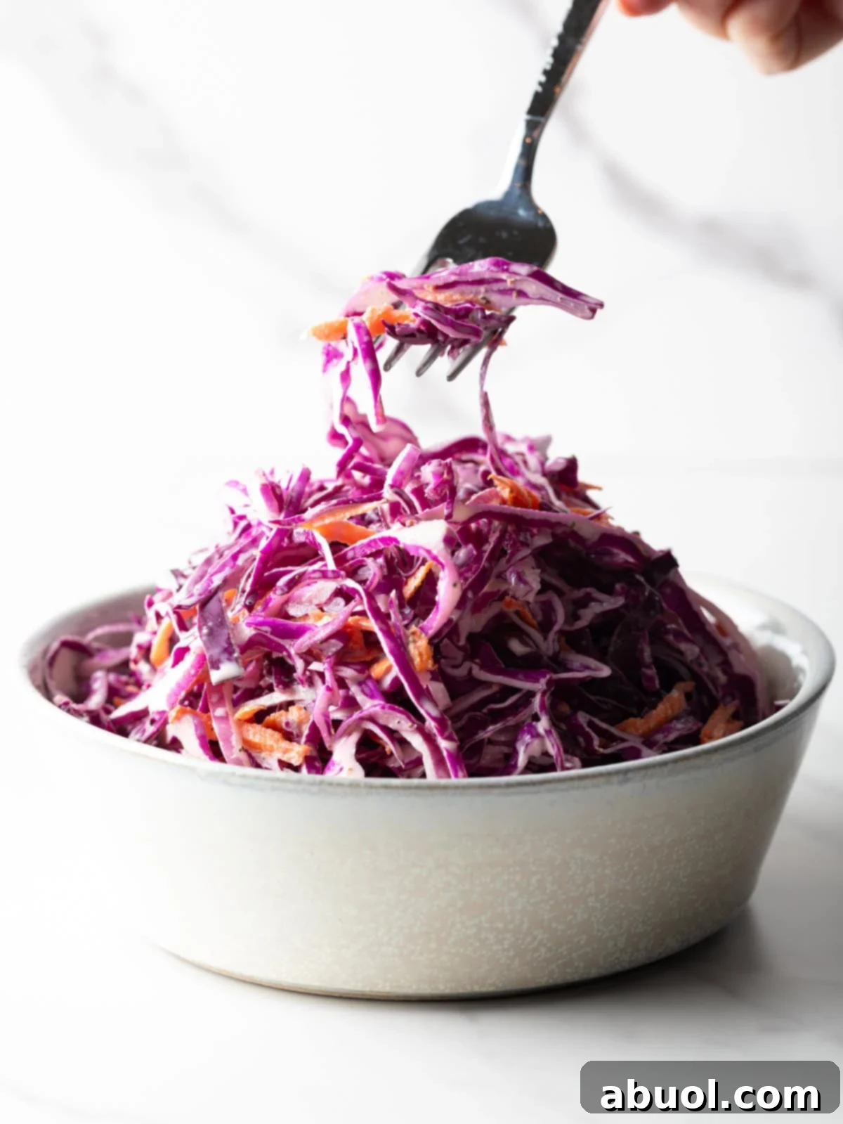 A fork holding a bite of creamy and crunchy red cabbage slaw, ready to be enjoyed.