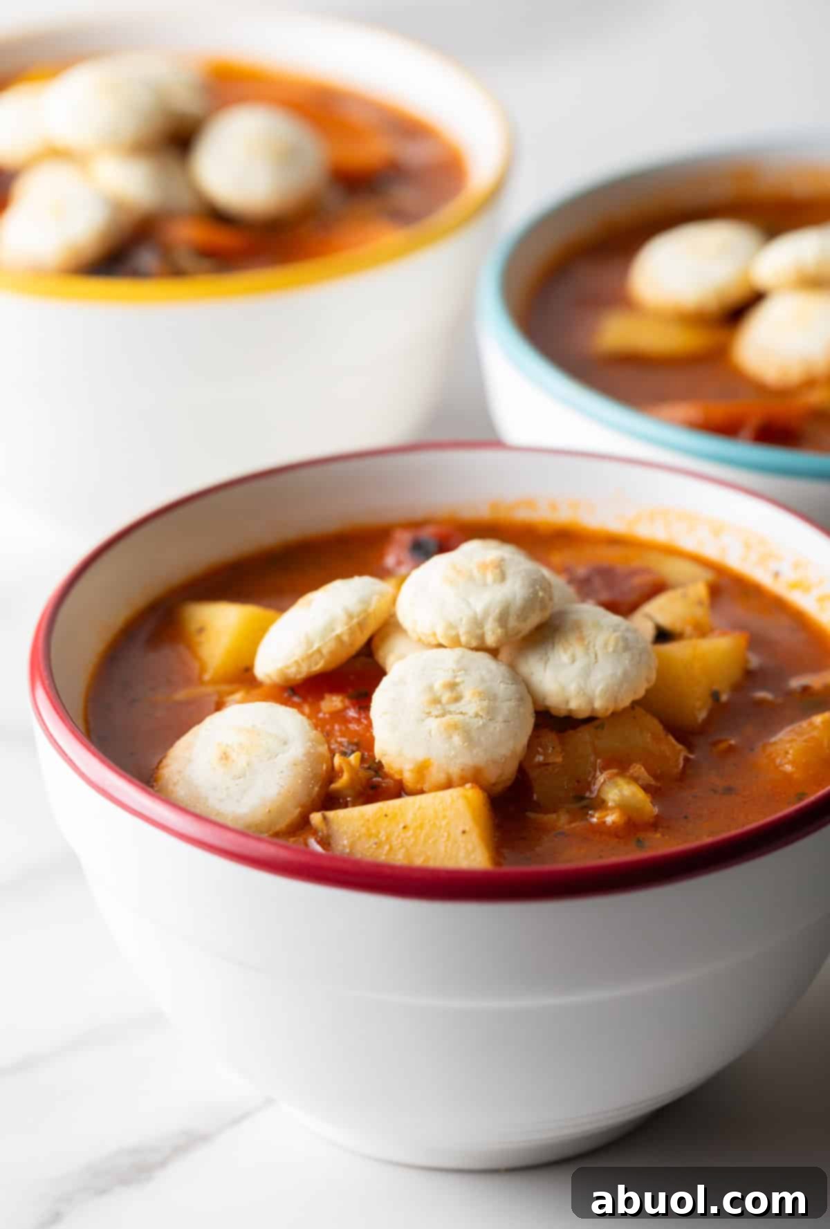 Side view of a bowl of Manhattan clam chowder.