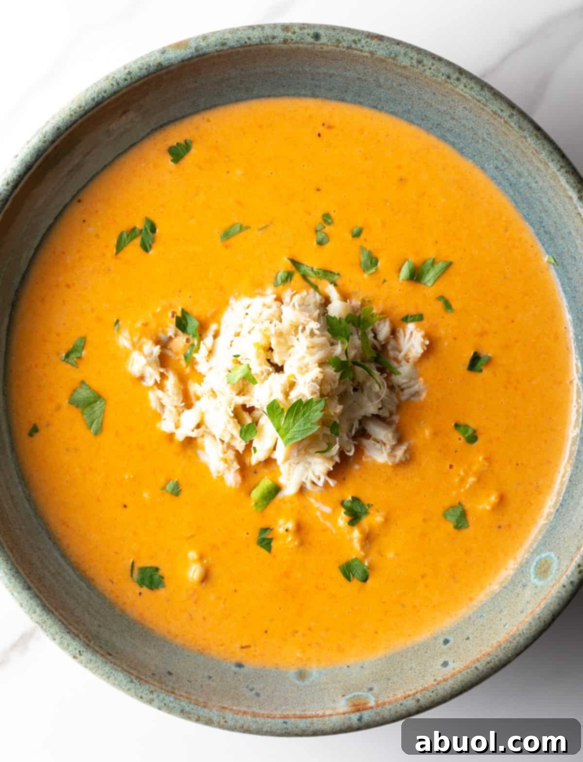An overhead shot of a creamy crab bisque recipe in a stylish grey bowl, ready to be enjoyed.