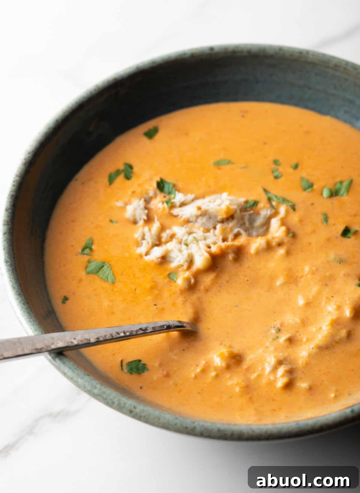A beautiful bowl of easy crab bisque soup, with a metal spoon resting in the creamy, rich broth.