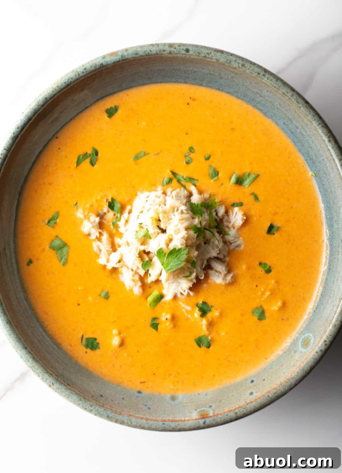 An inviting overhead shot of a bowl of creamy crab bisque soup, ready to be enjoyed.
