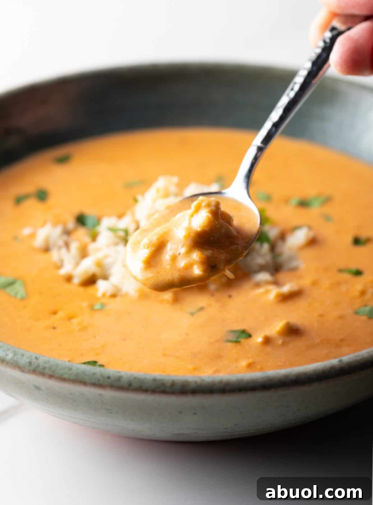 A spoon with a perfect bite of creamy crab bisque soup, garnished with crab meat and herbs, held over a bowl.