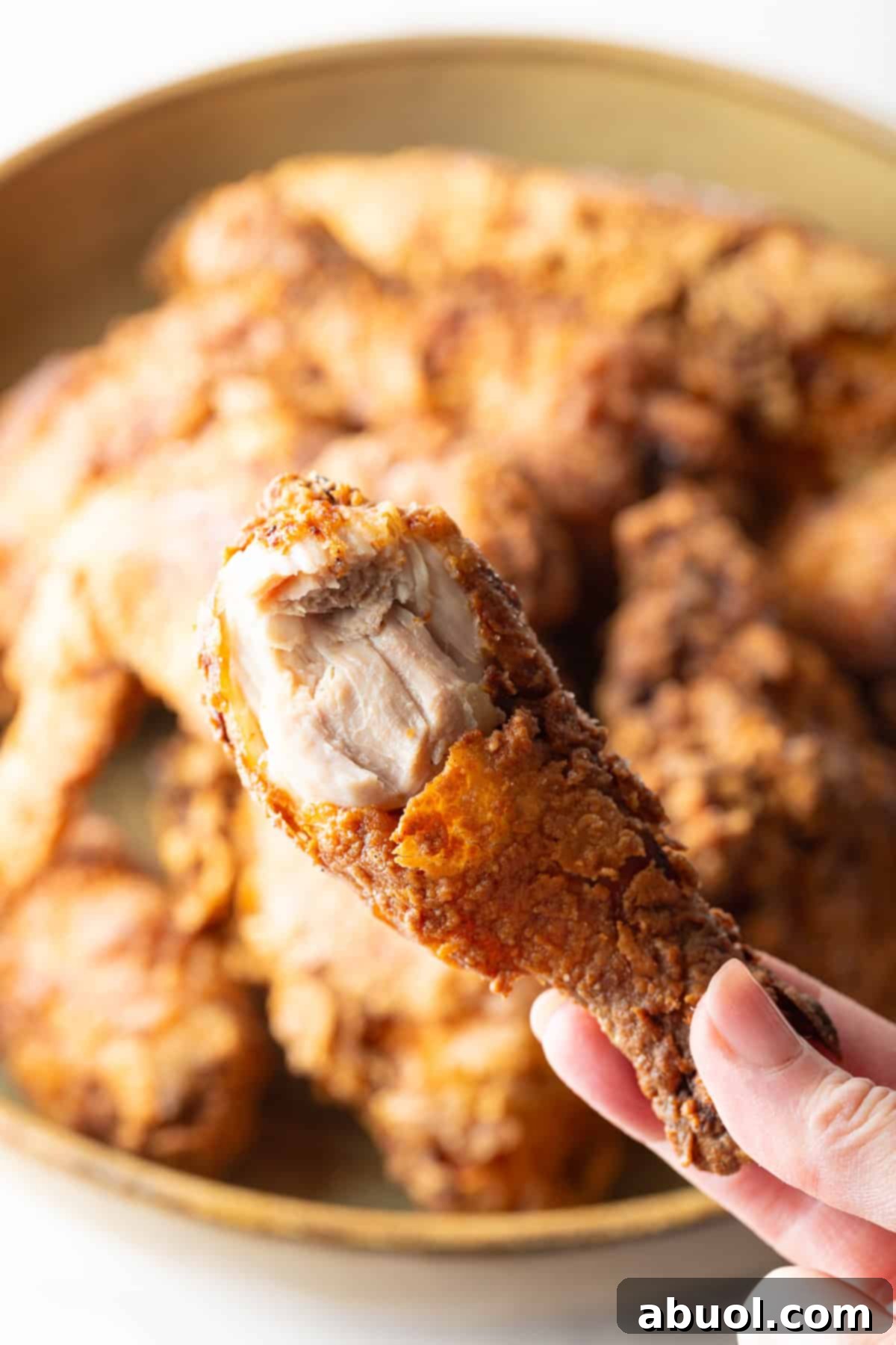 Southern Cast Iron Fried Chicken 5 A hand holding a perfectly cooked southern fried chicken drumstick over a bowl of crispy fried chicken pieces.