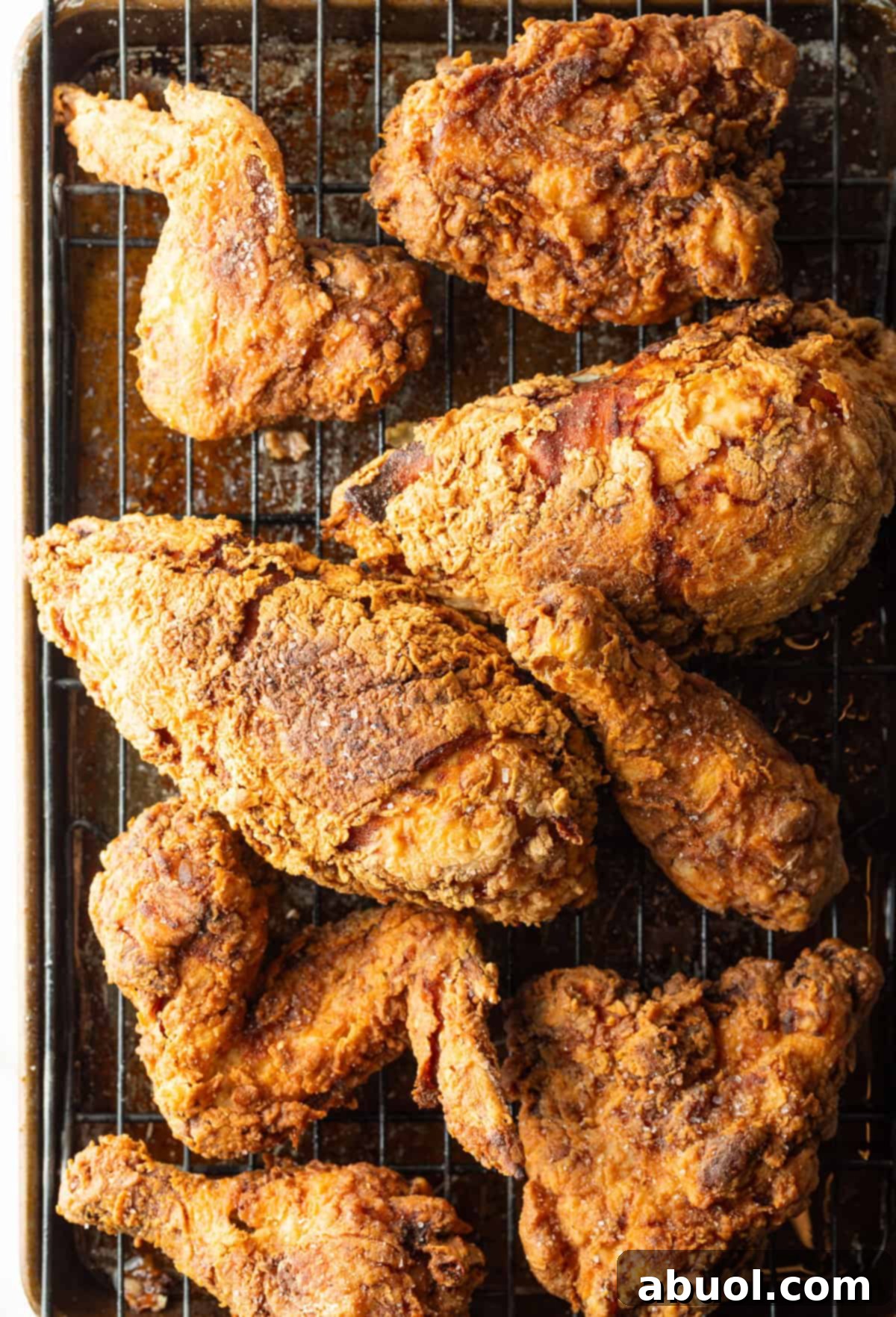 Southern Cast Iron Fried Chicken 10 Crispy southern fried chicken cooked in a cast iron skillet, draining on a drying rack to maintain crispiness.