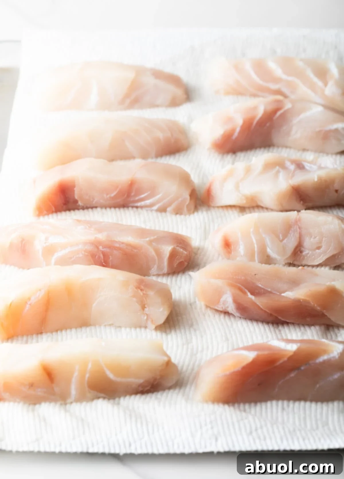 Raw white fish fillets cut into strips and placed on paper towels to dry.