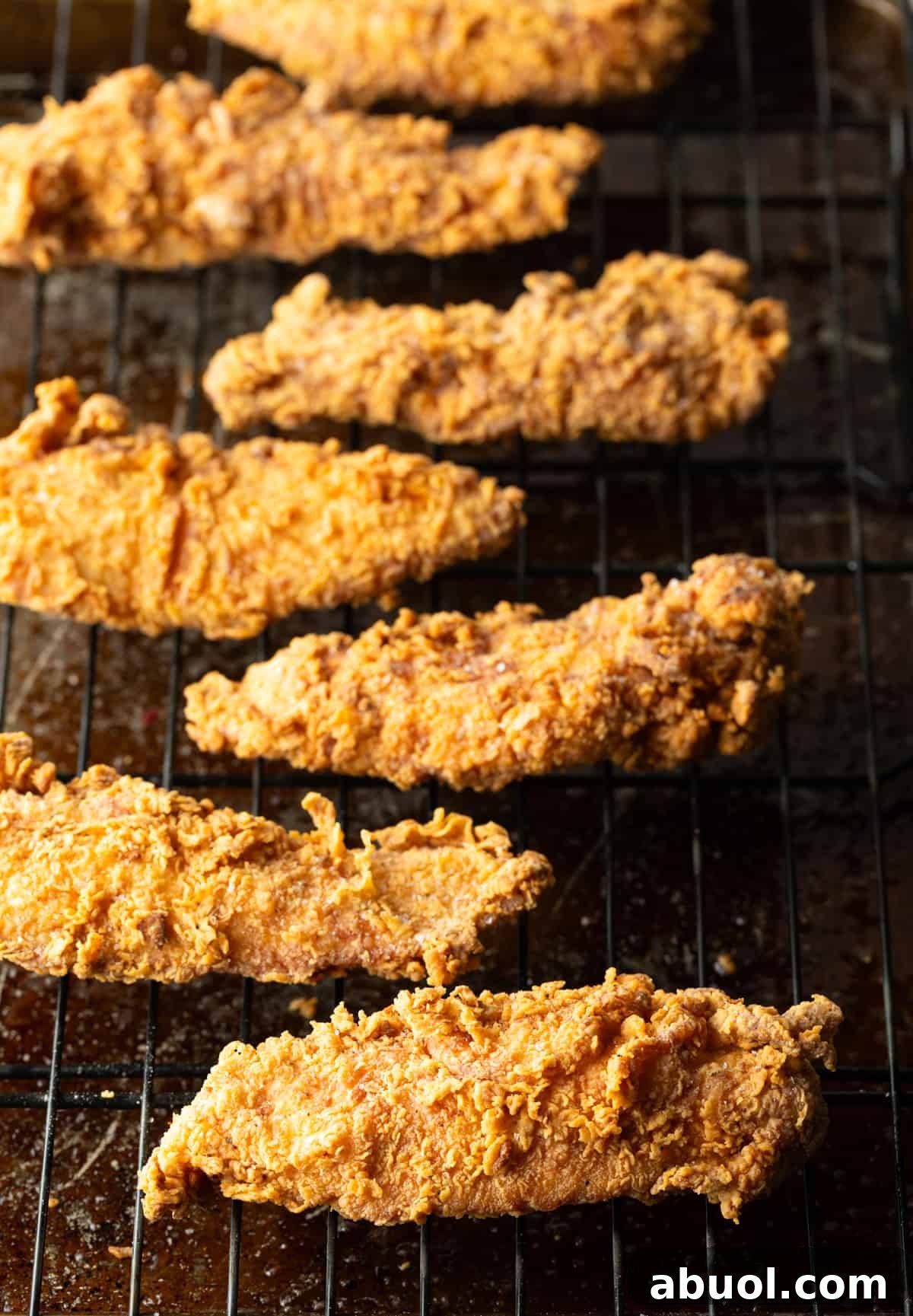 Crispy pan fried chicken tenders sitting on a metal drying rack.