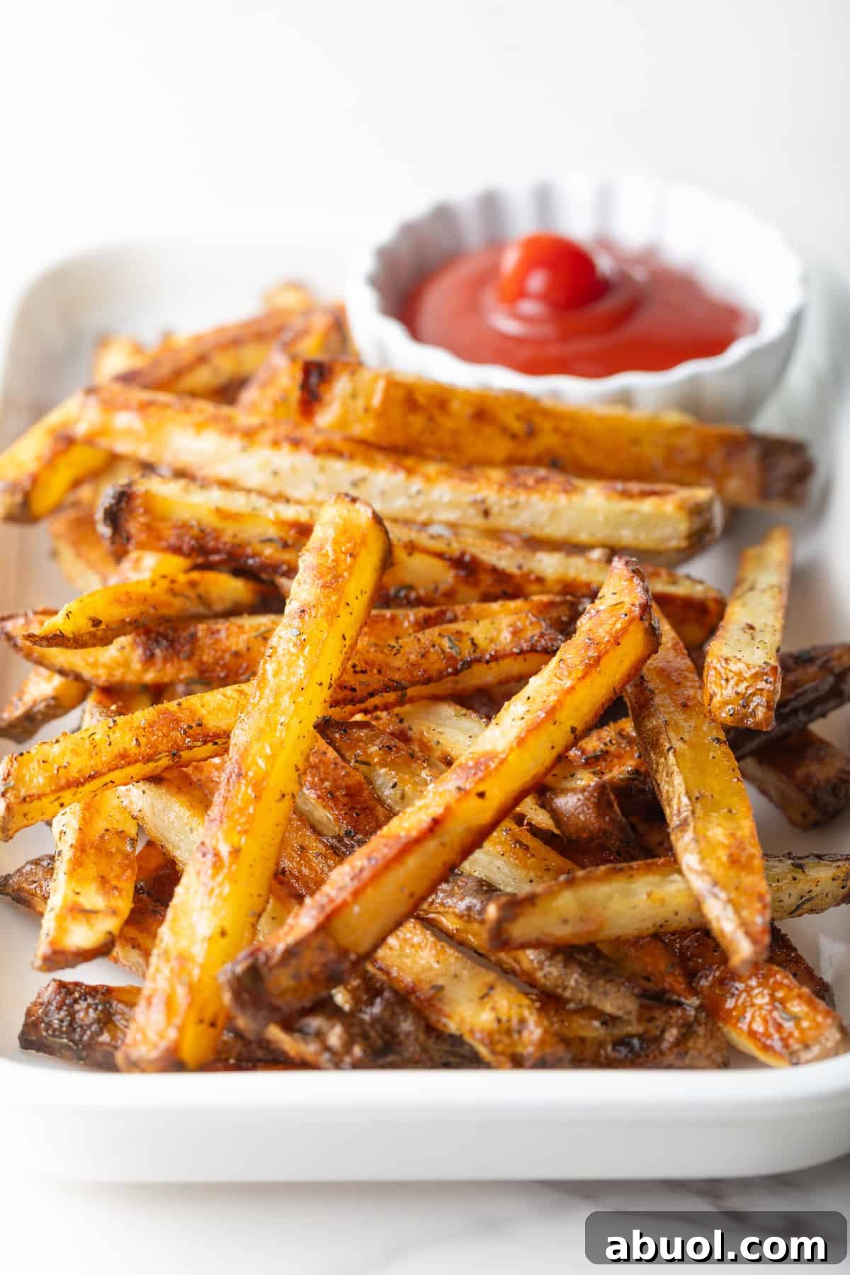 Homemade oven baked French fries sitting on a white plate with a ramekin of ketchup.