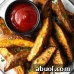 A plate of crispy oven baked potato wedges with a ramekin full of ketchup.