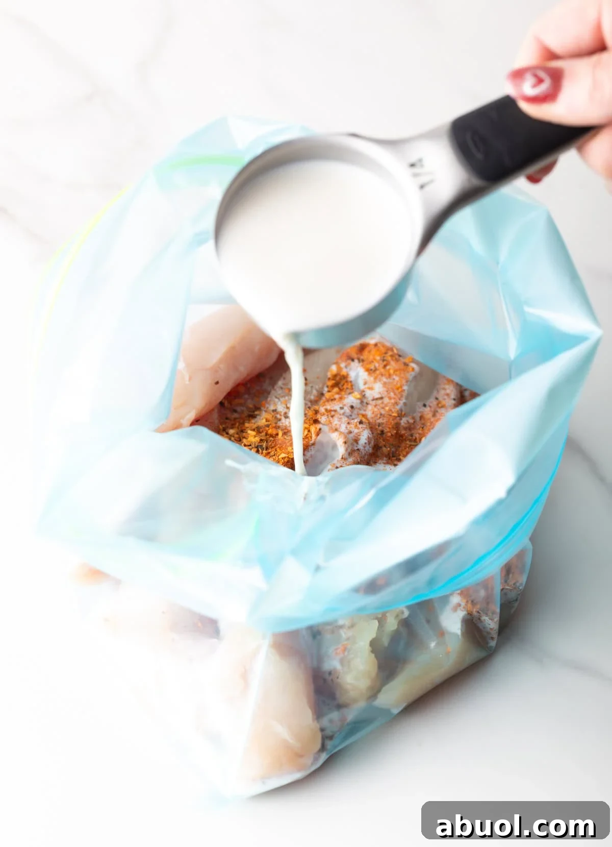 A ziplock bag filled with raw chicken tenders and seasonings, with buttermilk being poured into the bag with a measuring cup.