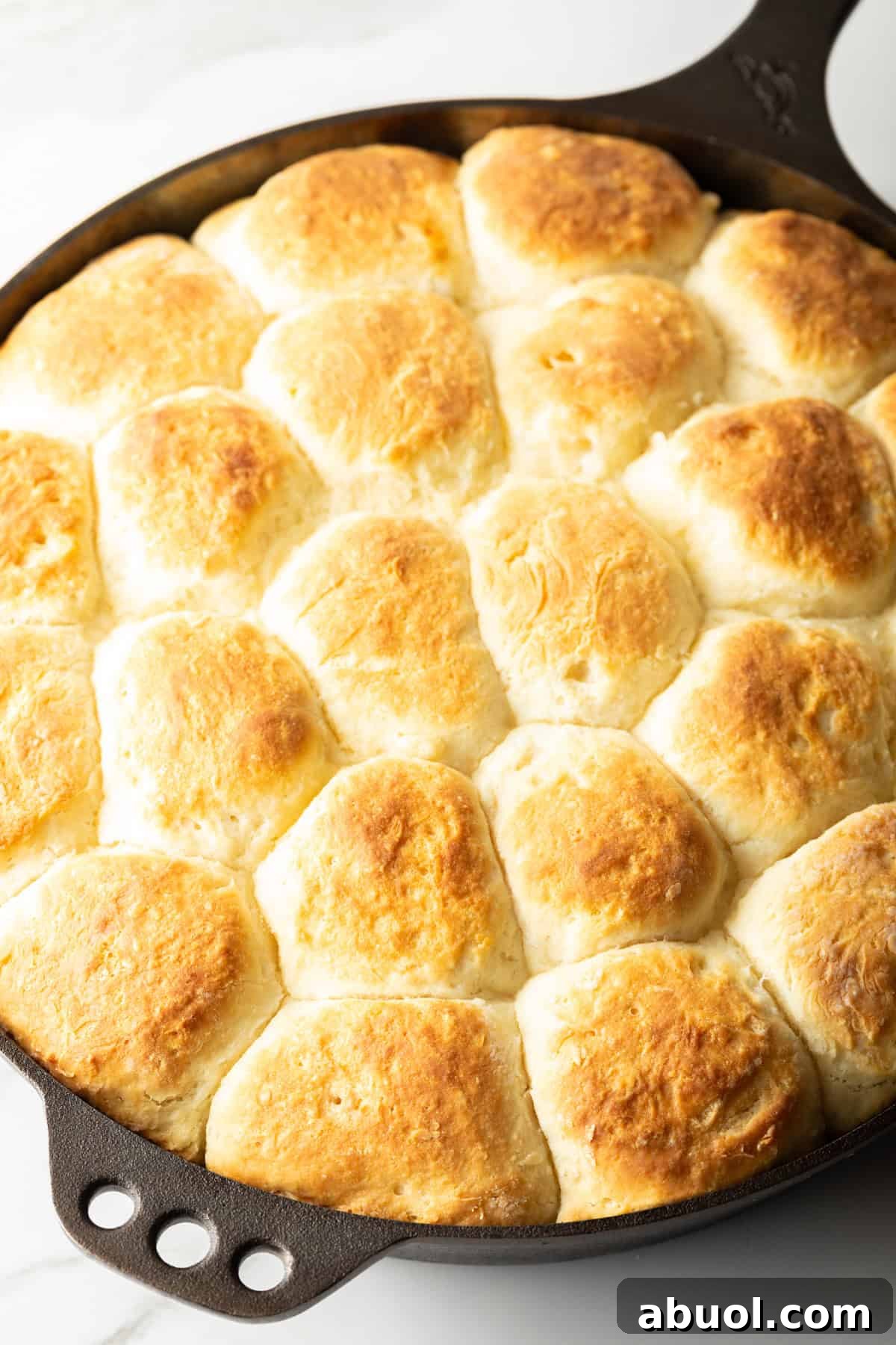 Freshly baked angel biscuits in a black skillet.