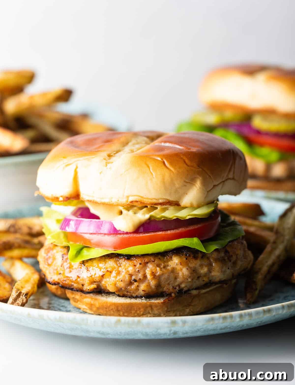 A bbq chicken burger sitting on a blue plate surrounded by fries.