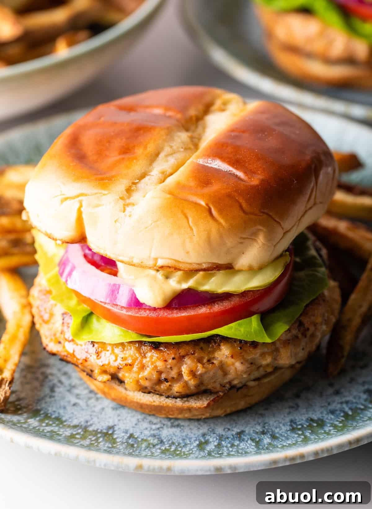 A chicken burger with ground chicken topped with condiments and vegetables between two hamburger buns.