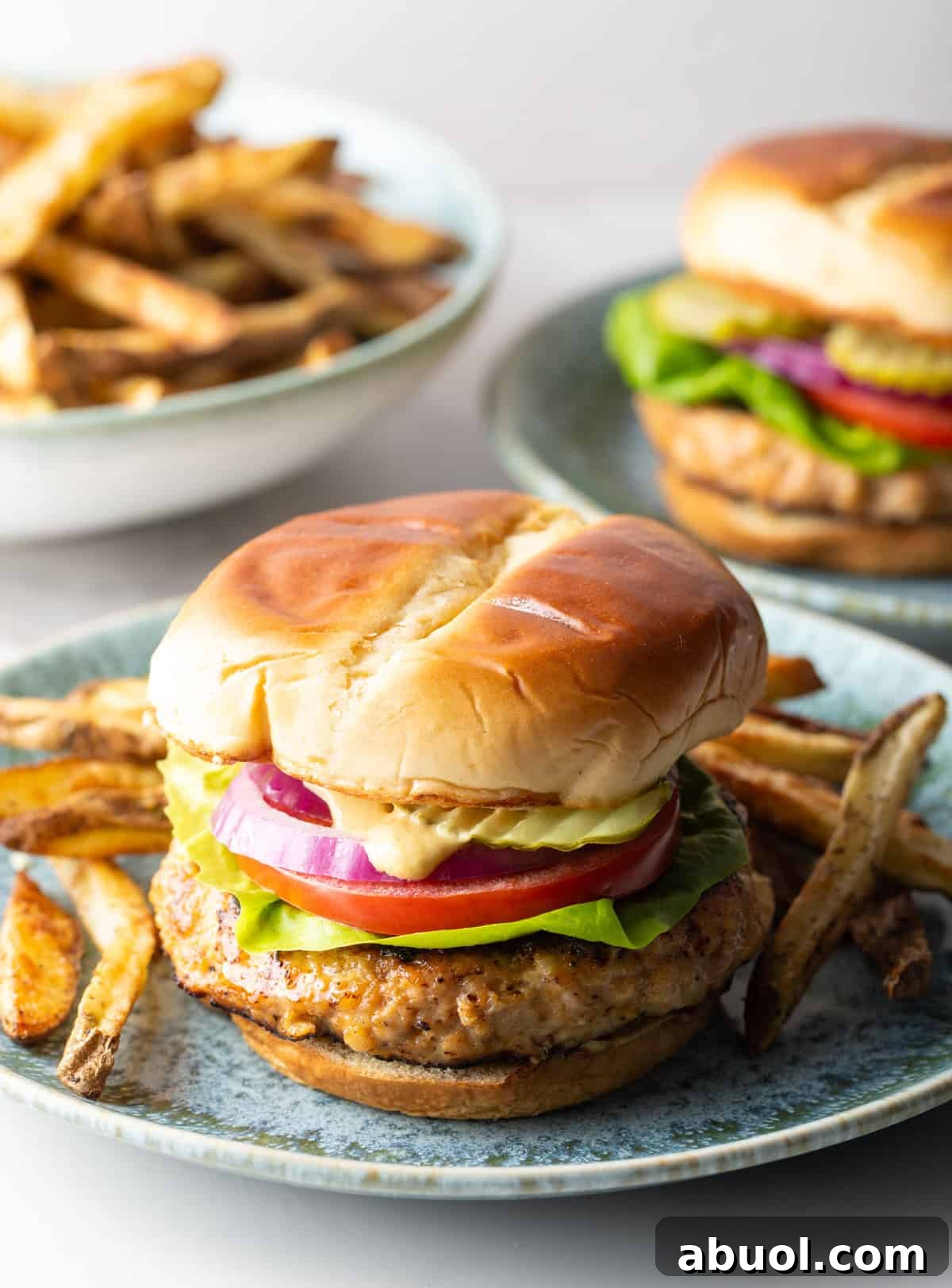 Two chicken burgers with ground chicken sitting on blue plates next to French fries.