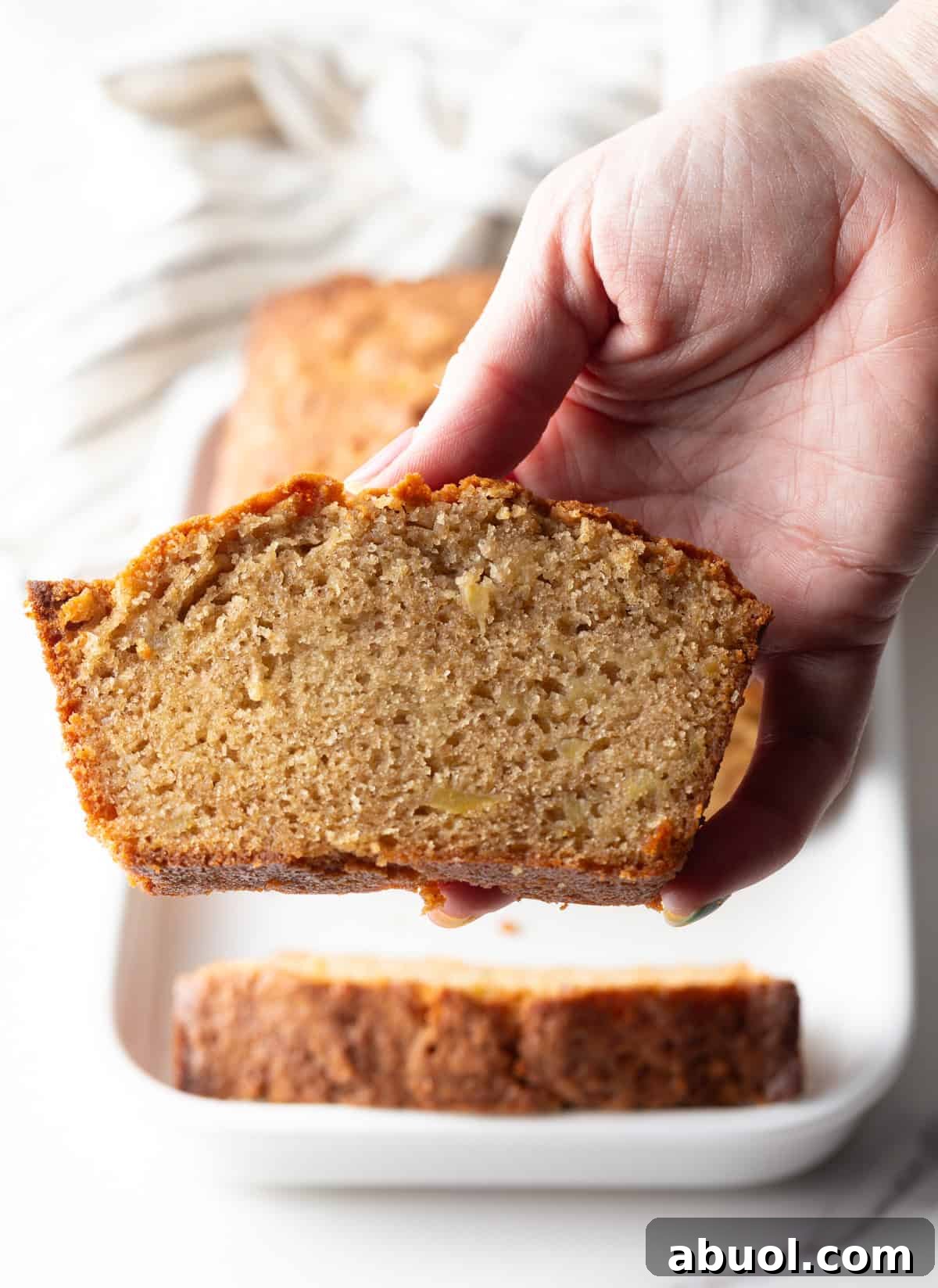 A hand is holding a slice of apple cinnamon bread.