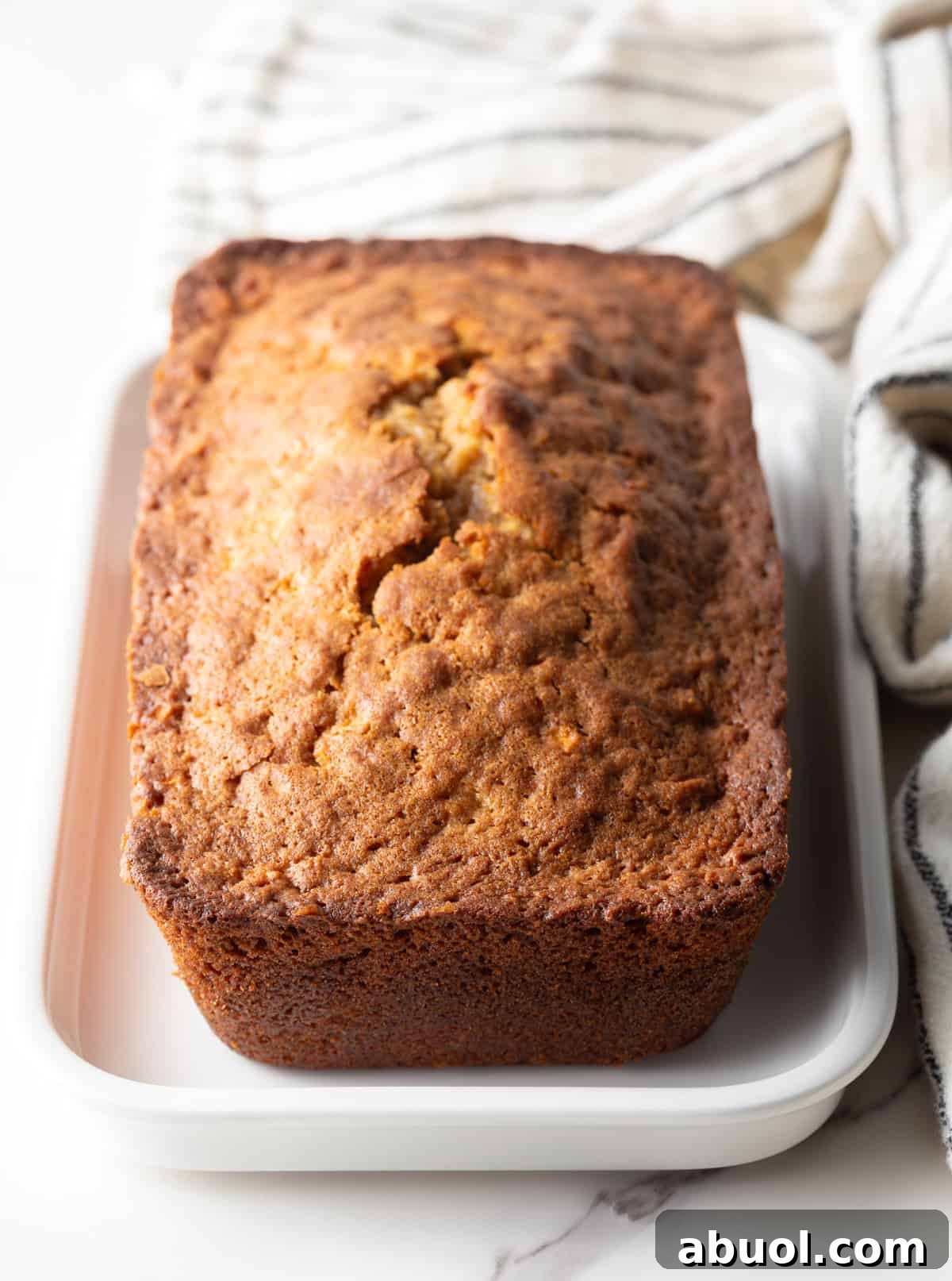 Loaf of apple bread in the pan.